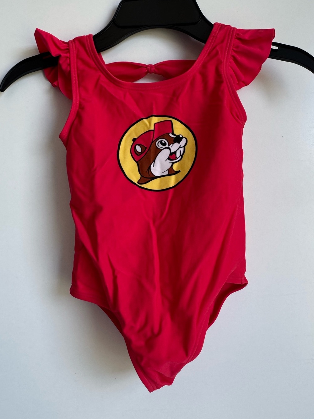 Buc-ee's Red Kids Girl Bathing Suit Beaver 3T One Piece Ruffle Sleeves Bow Back